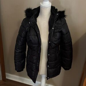 Kids Black Puffer Jacket with Faux Fur Hood